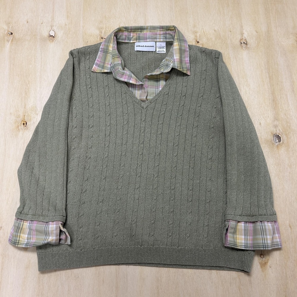 Alfred Dunner Sweater Womens Large Green Cable Knit V Neck Plaid Trim Pullover